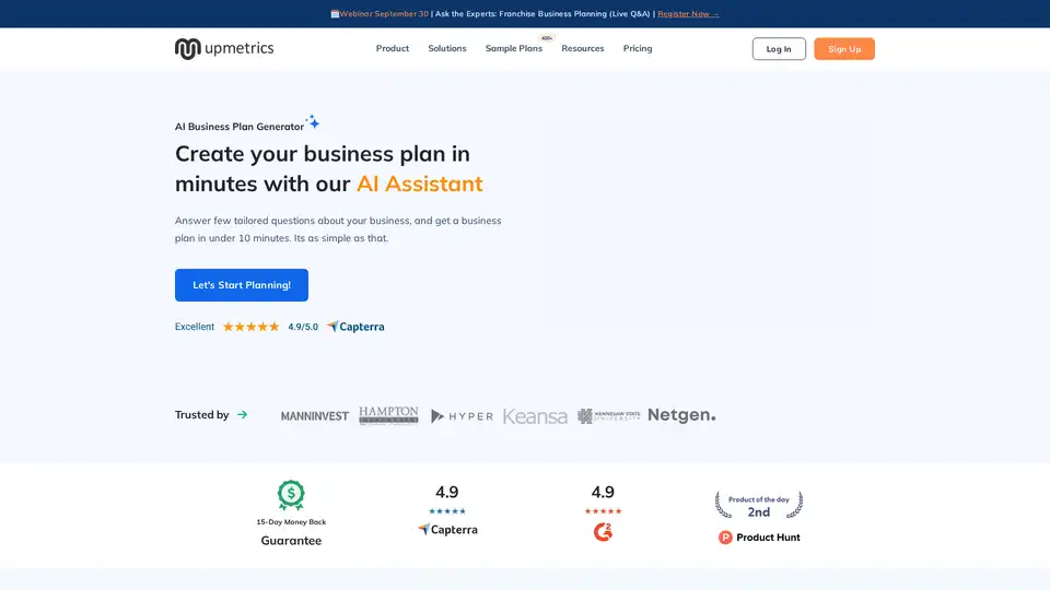 Upmetrics AI Business Plan Generator
