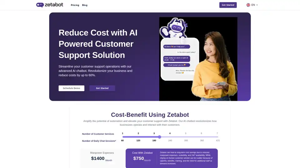 Zetabot est un chatbot IA pour rationaliser le support client, révolutionner l'entreprise et réduire les coûts jusqu'à 60 %.
