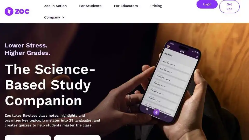 Zoc est un outil de prise de notes alimenté par l'IA qui transcrit les conférences, synthétise les sujets clés, propose un tutorat interactif et traduit dans 29 langues, aidant ainsi les étudiants à maîtriser leurs cours avec moins de stress et de meilleures notes.